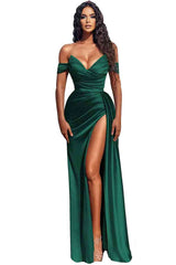 Modern Off-the-Shoulder Dusty Blue Mermaid Prom Dress With Slit