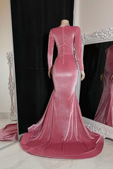 Red Prom Dress Long Sleeve Simple With High Slit Pleated