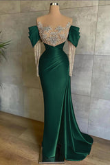 Pink Off-the-Shoulder Front Split Mermaid Long Sleeves Prom Dress Beadings with Appliques