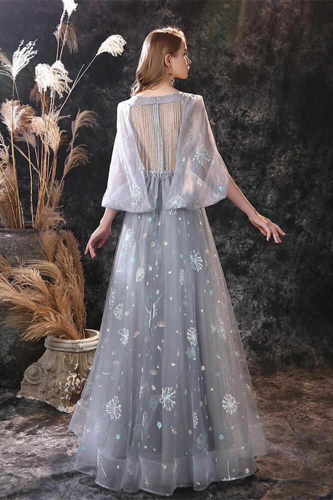 New Arrival Grey Ruffles Long Prom Dress Tulle With Embrodiary