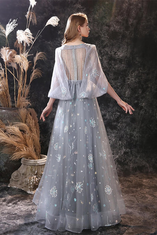 New Arrival Grey Ruffles Long Prom Dress Tulle With Embrodiary