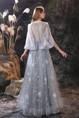 New Arrival Grey Ruffles Long Prom Dress Tulle With Embrodiary