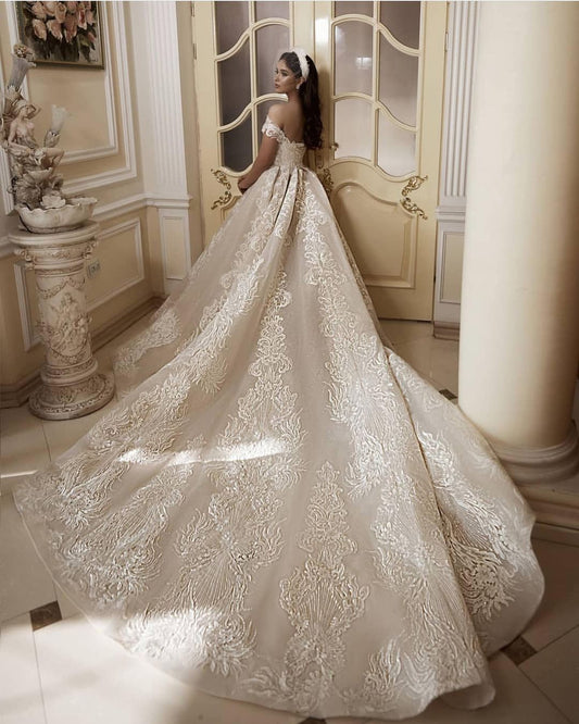 Off-the-Shoulder A-Line Floor-Length Church Wedding Dress with Elegant Appliques Lace