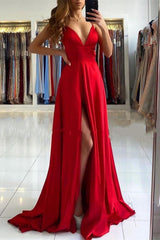 Gorgeous Red V-Neck Prom Dress Long With Split V-Neck
