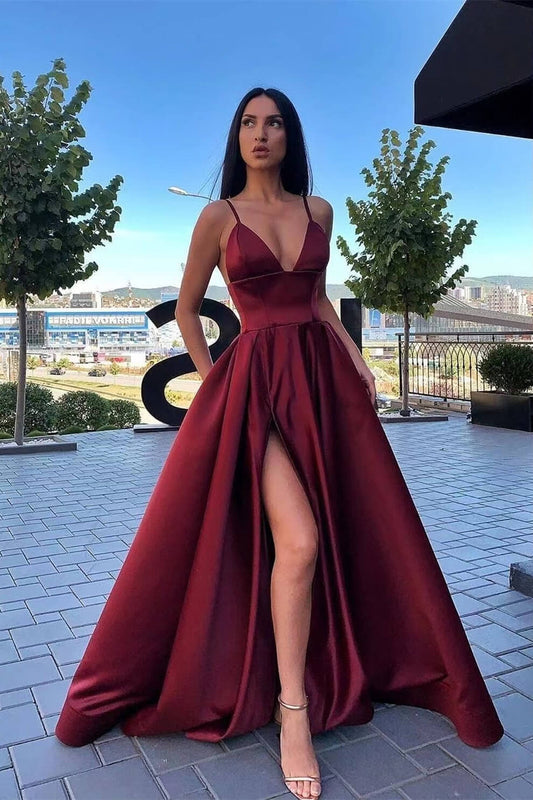 Elegant Burgundy Evening Dress Spaghetti-Straps A Line Split with Pockets