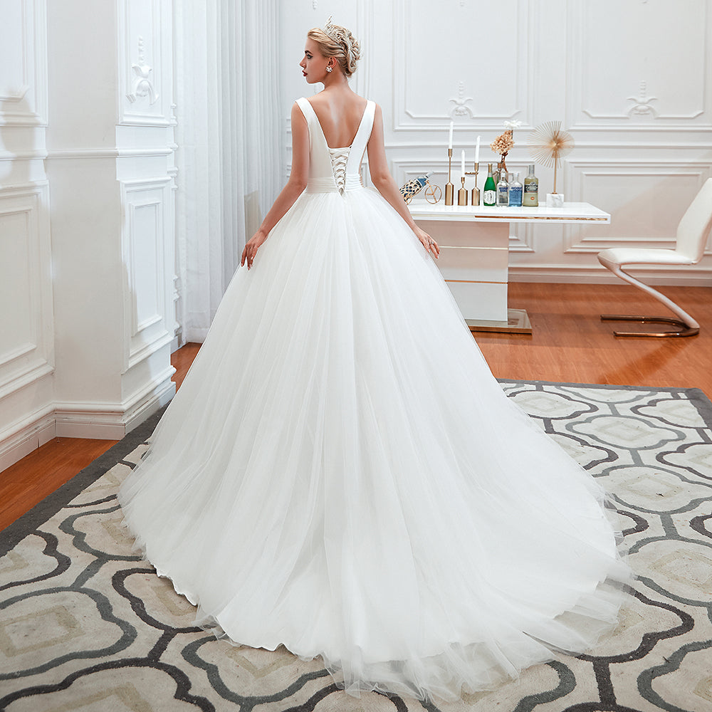Elegant A-Line Wedding Gown with Deep V-Neck and Wide Tulle Straps