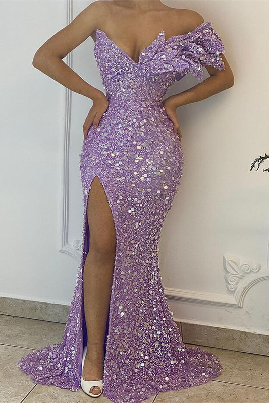 Beautiful Lilac V-Neck Off-the-Shoulder Mermaid Sequins Prom Dress with Split