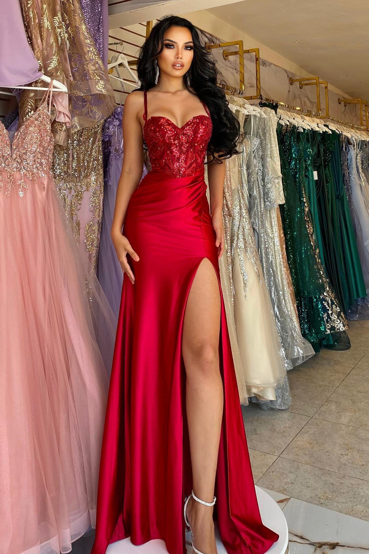 Modern Red Spaghetti-Straps Sleeveless Prom Dress Mermaid Split Long With Sequins