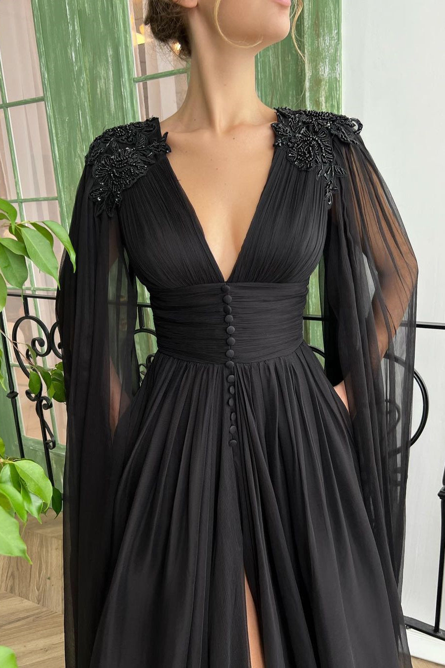 Modest Black Ruffle Sleeves Prom Dress Long Slit With Buttons