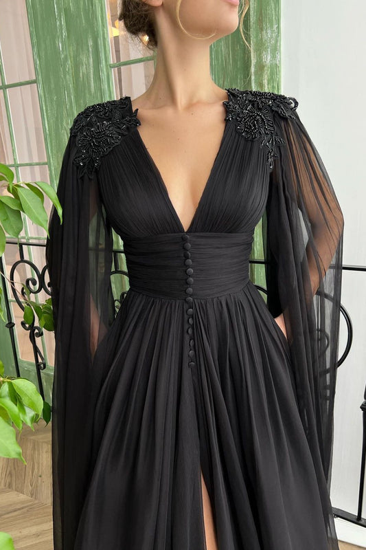 Modest Black Ruffle Sleeves Prom Dress Long Slit With Buttons