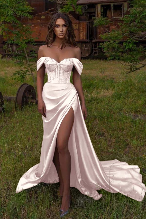  Off-the-Shoulder Beaded Prom Dress Sweetheart Mermaid Split Dress