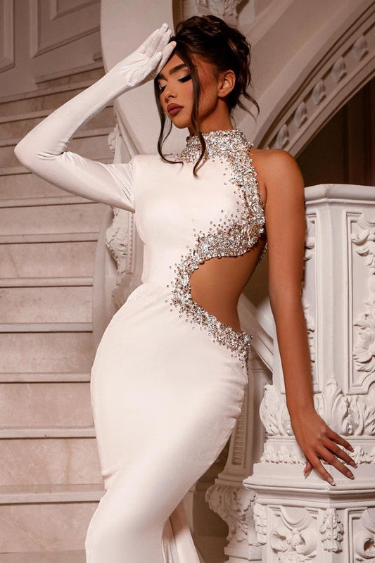Charming White One Shoulder Long Sleeve Prom Dress Mermaid With Beads
