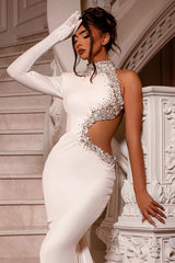 Charming White One Shoulder Long Sleeve Prom Dress Mermaid With Beads
