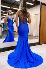 Charming Royal Blue Spaghetti-Straps Prom Dress Mermaid Sleeveless With Beads