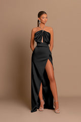 Chic Pink Evening Dress Sleeveless Strapless with Side Slit Pleated