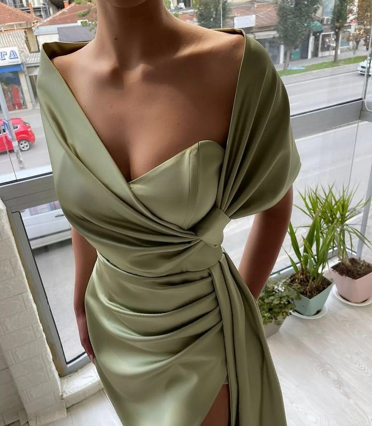 Gorgeous Dusty Sage Portrait V-Neck Pleated Slit Prom Dress with Ruffle