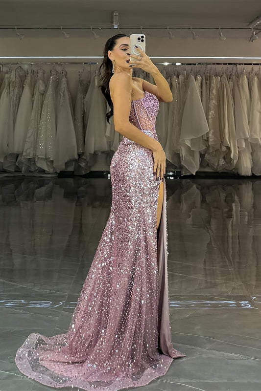 Modern Wisteria Strapless Prom Dress Mermaid Slit Sequins Long