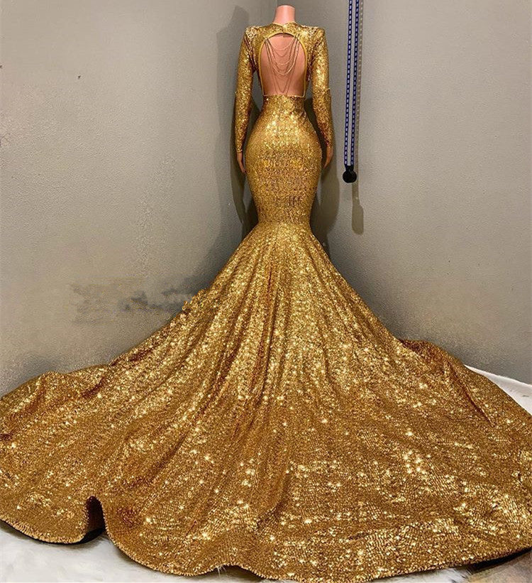 Gorgeous Gold Sequins Long Sleeves Prom Dress Mermaid Deep V-Neck