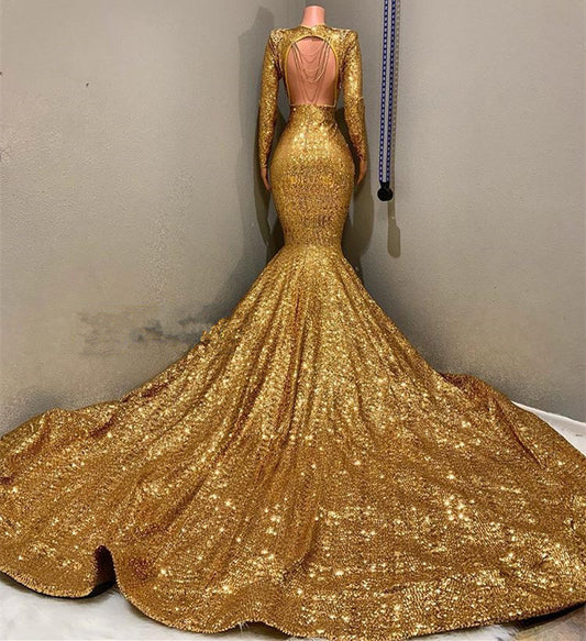 Gorgeous Gold Sequins Long Sleeves Prom Dress Mermaid Deep V-Neck