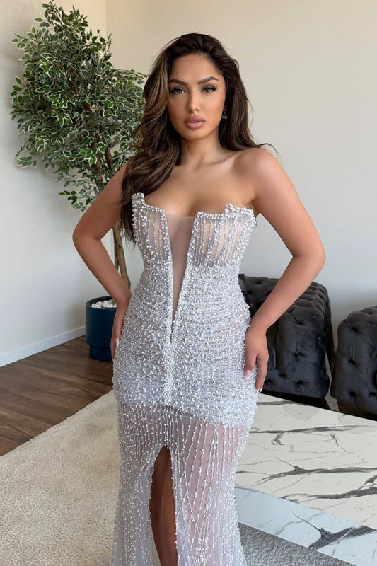 Heavy Sexy Beads Prom Dress V-Neck Sleeveless Dress With Front Slit