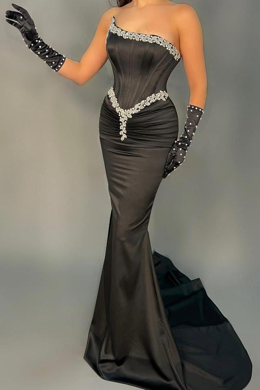 Charming Strapless Black Mermaid prom Dress Long With Beads