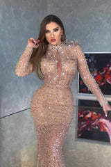 Gorgeous Long Sleeves High Neck Prom Dress Keyhole Mermaid With Sequins Beads