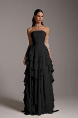 Charming Strapless Sleeveless Square Ruffles Long Prom Dress With Gloves