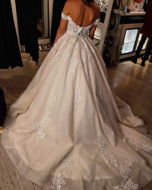 Princess A-line Wedding Gown in Romantic Off-The-Shoulder Tulle with Lace
