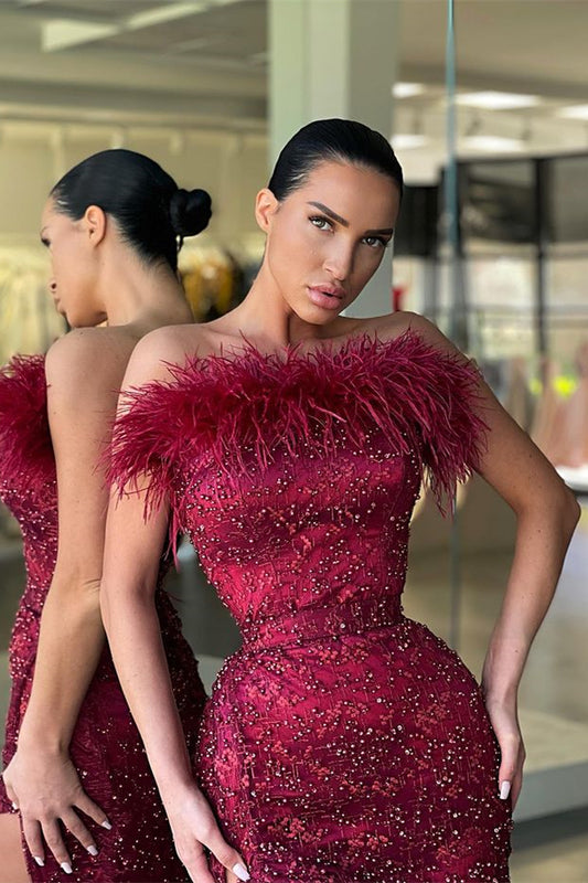 Stunning Strapless Burgundy Mermaid Split Prom Dress With Beads Feathers