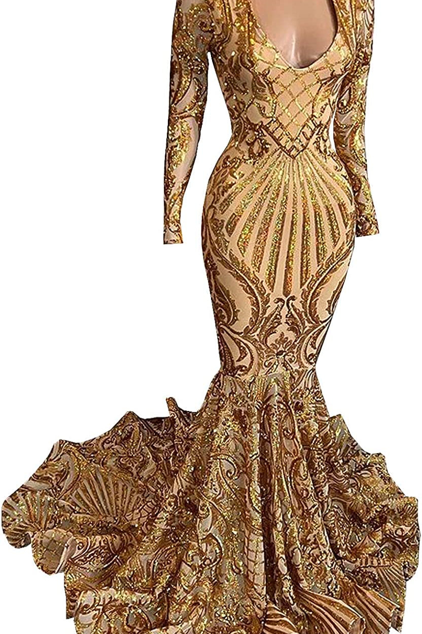 Modern Golden Yellow V-Neck Mermaid Prom Dress With Sequins Long Sleeves
