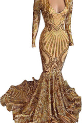 Modern Golden Yellow V-Neck Mermaid Prom Dress With Sequins Long Sleeves