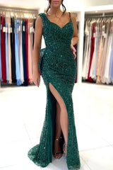 Elegant Dark Green V-Neck Mermaid Prom Dress Sequins Beads Sleeveless Long With Slit