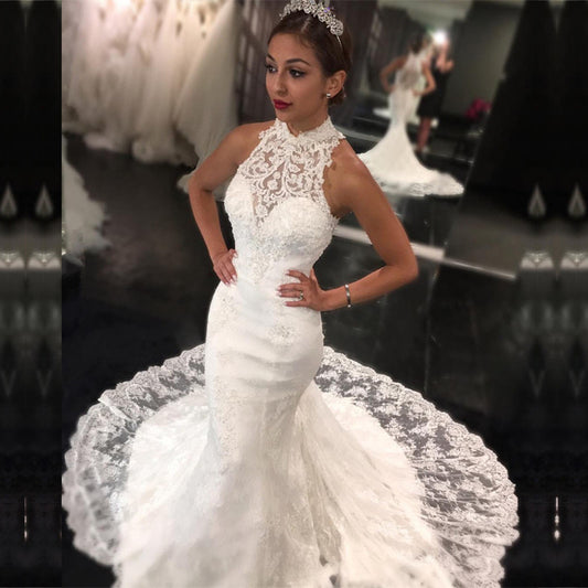 Long Sleeveless Mermaid Wedding Dress With High Neck and Lace Appliques