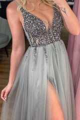 Modern V-Neck Straps A-Line Tulle Prom Dress Sequins Beadings With Split