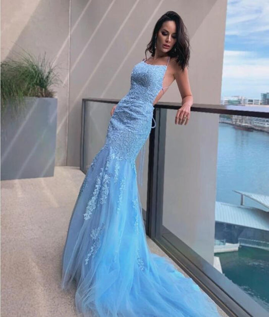 Sky Blue Elegant Halter Mermaid Prom Dress Lace Appliques Long Party Gowns