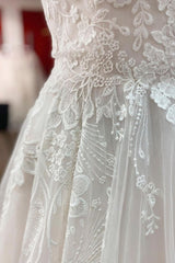 Elegant A-line Wedding Dress with V-Neck and Open Back in Long Tulle Lace