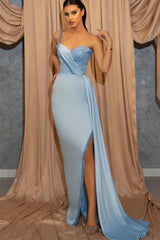 Classic Sky Blue One Shoulder Mermaid Prom Dress Slit With Sequins