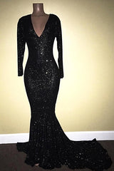 Black Long Sleeves V-Neck Mermaid Prom Dress with Sequins