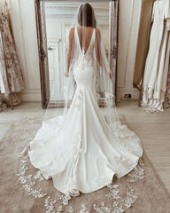 Long Backless Mermaid Wedding Dress in Elegant Satin With V-neck