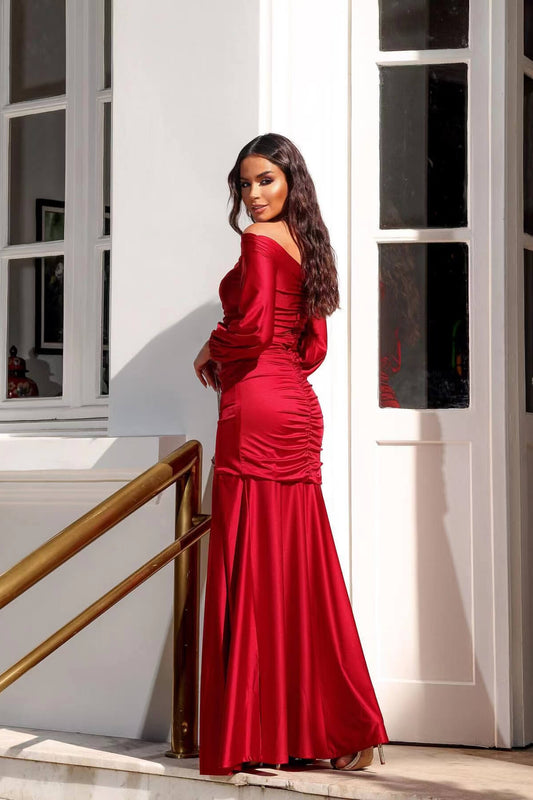 Glorious Red Long Sleeves Prom Dress Off-the-Shoulder Front Split