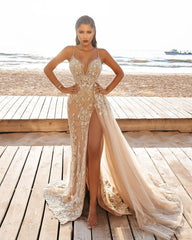Elegant Mermaid Wedding Dress with Spaghetti Straps, Side Split, and Lace Appliques