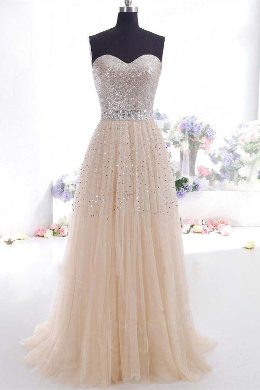 Stunning Sweetheart Sequins Prom Dress Long Tulle Party Gowns