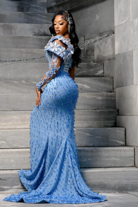 Modern Blue Long Sleeves Mermaid Prom Dress Split Long With Beads Sequins