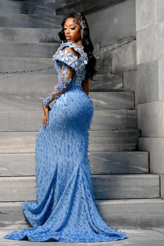 Modern Blue Long Sleeves Mermaid Prom Dress Split Long With Beads Sequins