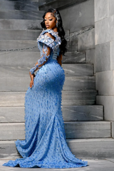 Modern Blue Long Sleeves Mermaid Prom Dress Split Long With Beads Sequins
