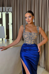 Fabulous Royal Blue Straps Prom Dress Mermaid Pleats With Split Beads