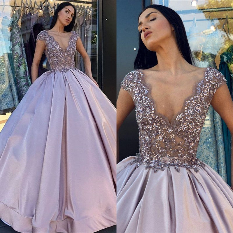 Stunning Cap Sleeves Lace Appliques Ball Gown Prom Dress V-Neck