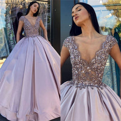 Stunning Cap Sleeves Lace Appliques Ball Gown Prom Dress V-Neck