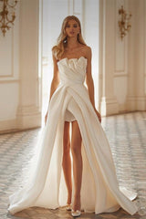 Elegant White Satin A-Line Long Wedding Dress with Strapless Sleeveless Design and Split