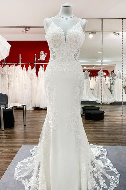 Elegant Mermaid Wedding Gown with Open Back and Lace Satin Spaghetti Straps